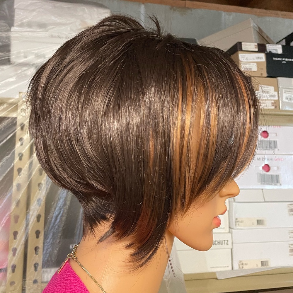 NWT dark brown spiky short unisex wig copper lights pixie wig highlights 9-10”